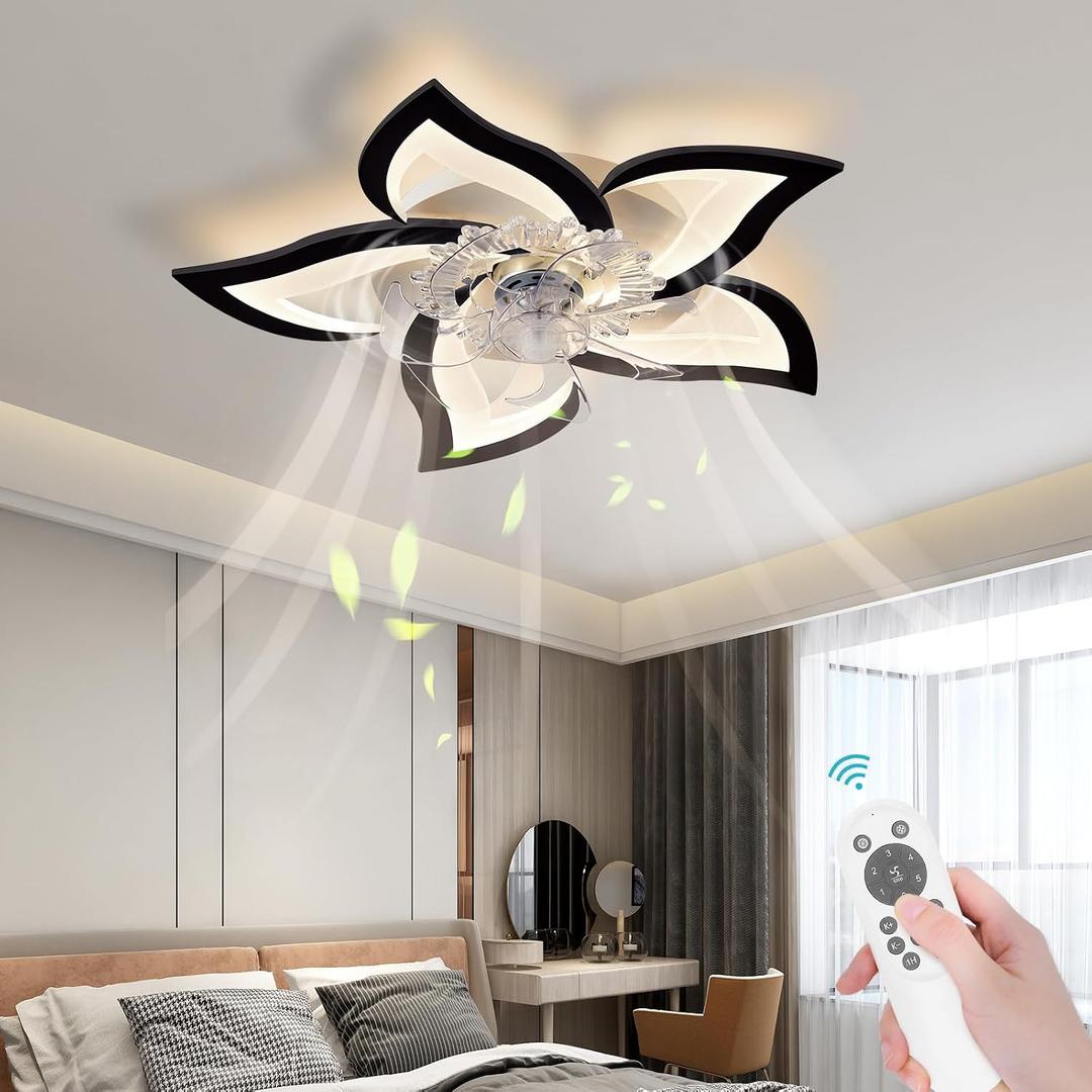 Bevenus Low Profile Ceiling Fans with Lights,27.2 Black Modern Dimmable Flower Shape Ceiling Light Fan with Remote Control/app Control,Timing 6 Gear Speeds Fan Ceiling Lamp.