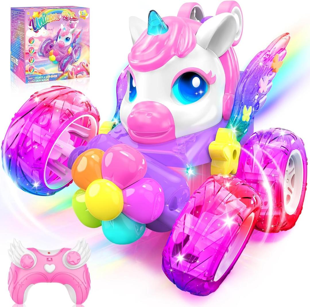 Unicorn RC Cars for Girl Toys with Glowling Crystal Wings &Eyes Lights,360Rotation Remote Control Car Unicorn Stunt Car Birthday Gifts Easter Basket Stuffers for 3 4 5 6 7 8 9 10 Year Old Girls