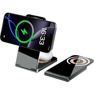 2-in-1 Wireless Charger iPhone Magnetic Charging Station, Foldable Dual 15W Wireless Charging Compatible with Magsafe Charger Stand for iPhone 17 16 15 14 13 12, Foldable Portable Phone Charger Stand