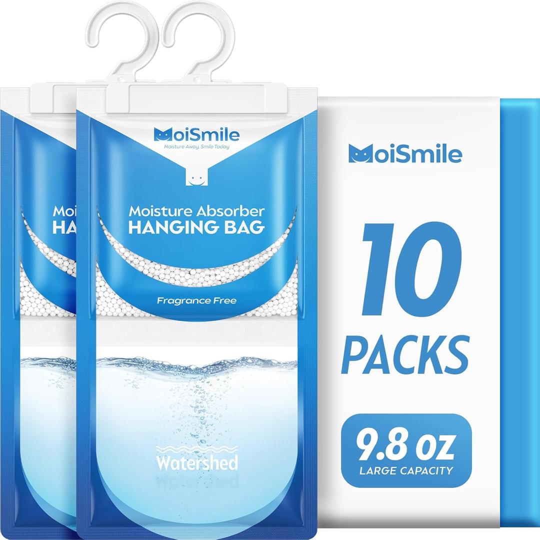 Moisture Absorbers 10 Pack 9.8 OZ, Fragrance Free Hanging Closet Dehumidifier Bags, Humidity Packs Odor Eliminator for Closet, Bathroom, Bedroom, Basement, Car