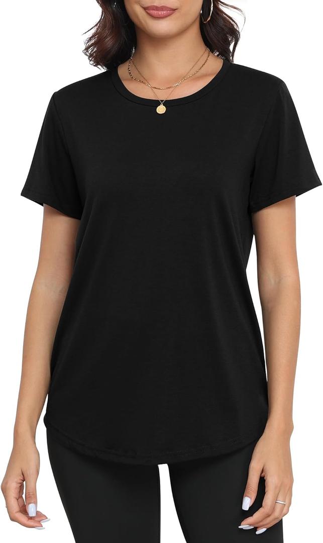 PRIMODA Womens Loose Fit Shirts Casual Short Sleeve Summer Flowy Tunic Tops Plain Long T Shirts (XX-Large, Black)