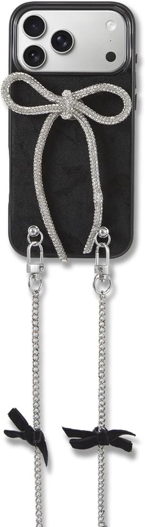 Crossbody Case for iPhone 17 Pro Max - Black with Stylish Silver Detachable Chain - Big Bow