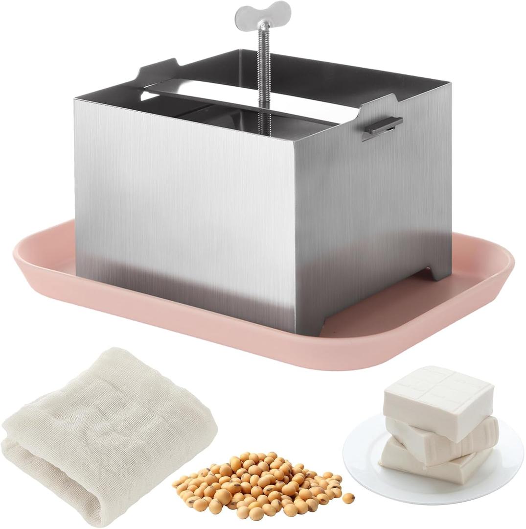 Tofu Press Stainless Steel, SUS304 Paneer Maker with Presser Towel and Drip Tray for Firm or Extra Firm Homemade Tofu Without Crack(Small Size, 500 Grams)