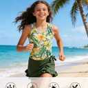 Cutemile 5-14 Years Girls Swimsuit 3 Piece Bathing Suit Quick Dry Tankini Set with Cover Up Beach Skirt Swimwear (6-7 Years, Tropical Holidays)