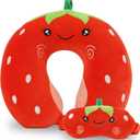 Kids Neck Pillow for Travel with Sleep Eye Mask, Cute Travel Neck Pillow, Memory Foam Flight Sleeping Headrest Pillow for Boys & Girls, Airplane, Train, Car, Home Use - Red Strawberry