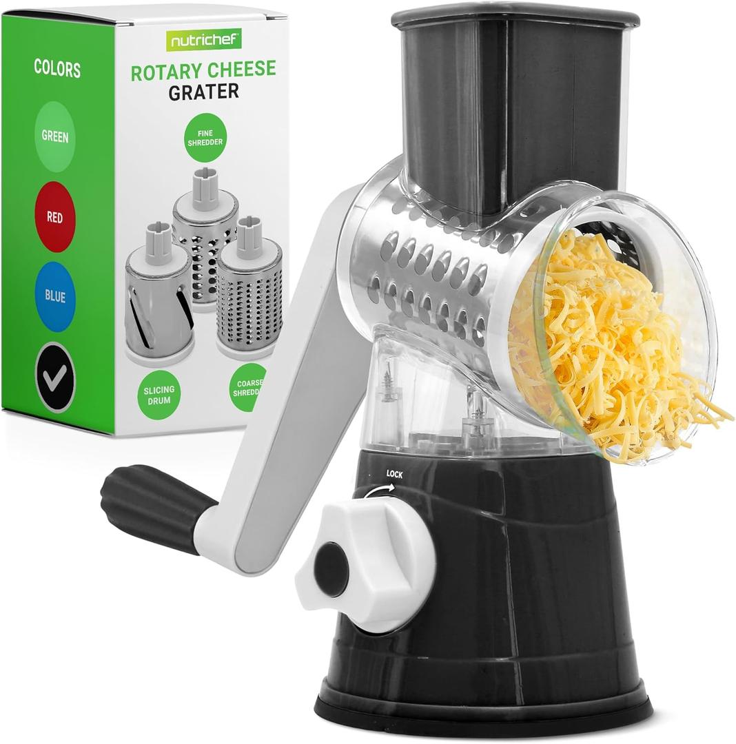Nutrichef 3 in 1 Cheese Grater & Shredder | Strong Suction Base, Rotary Handle with Safety Lock | Includes Cleaning Brush, Hand Crank & 3 Drum Blades for 3 Textures, Fine, Medium & Strips | Black