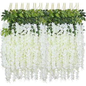 WEISPARK Fake Hanging Flowers - 12 Pieces 3.75 Feet/Piece Artificial Wisteria Vine Ratta Hanging Garland Silk Flowers for Home Party Wedding Decor (White)