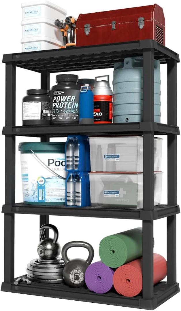IRIS USA 4-Shelf Heavy Duty Plastic Storage Shelves, 600lb Capacity, 56" H x 36" W x 18" D, Large Modular Shelving Unit Storage Organizer for Garage, Home, Warehouse & Gym, Storage Rack - Black