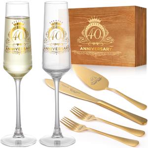 40th Wedding Anniversary Champagne Flutes Gifts, Happy Anniversary Decorations, Gold Cake Cutting Set Gfits for Women Men 40 th Birthday or Parents