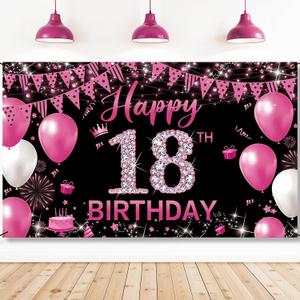 18th Birthday Decoration for Girls Hot Pink, Happy 18th Birthday Backdrop Banner, Fabric 18 Year Old Birthday Party Yard Sign Photo Booth Props Decor Supplies, Indoor Outdoor(6.1 x 3.6ft)