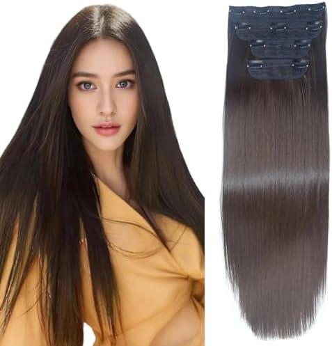 Dark Brown Straight Hair Extensions for Women, Clip in Hair Extensions Double Weft Synthetic Hair Extension, Thick Hairpieces for Thinning Hair(20Inch, 4Pcs)