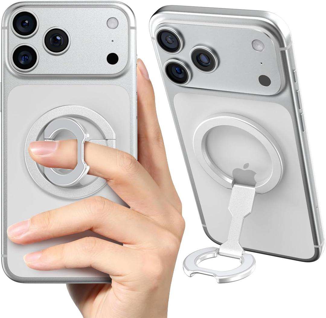 CloudValley 4-in-1 Magnetic Phone Grip Holder for MagSafe, 2025 Super Stable Kickstand & Mag Safe Finger Loop, Compatible with iPhone 17/16/15/14/13 Series & MagSafe Case (Silver)