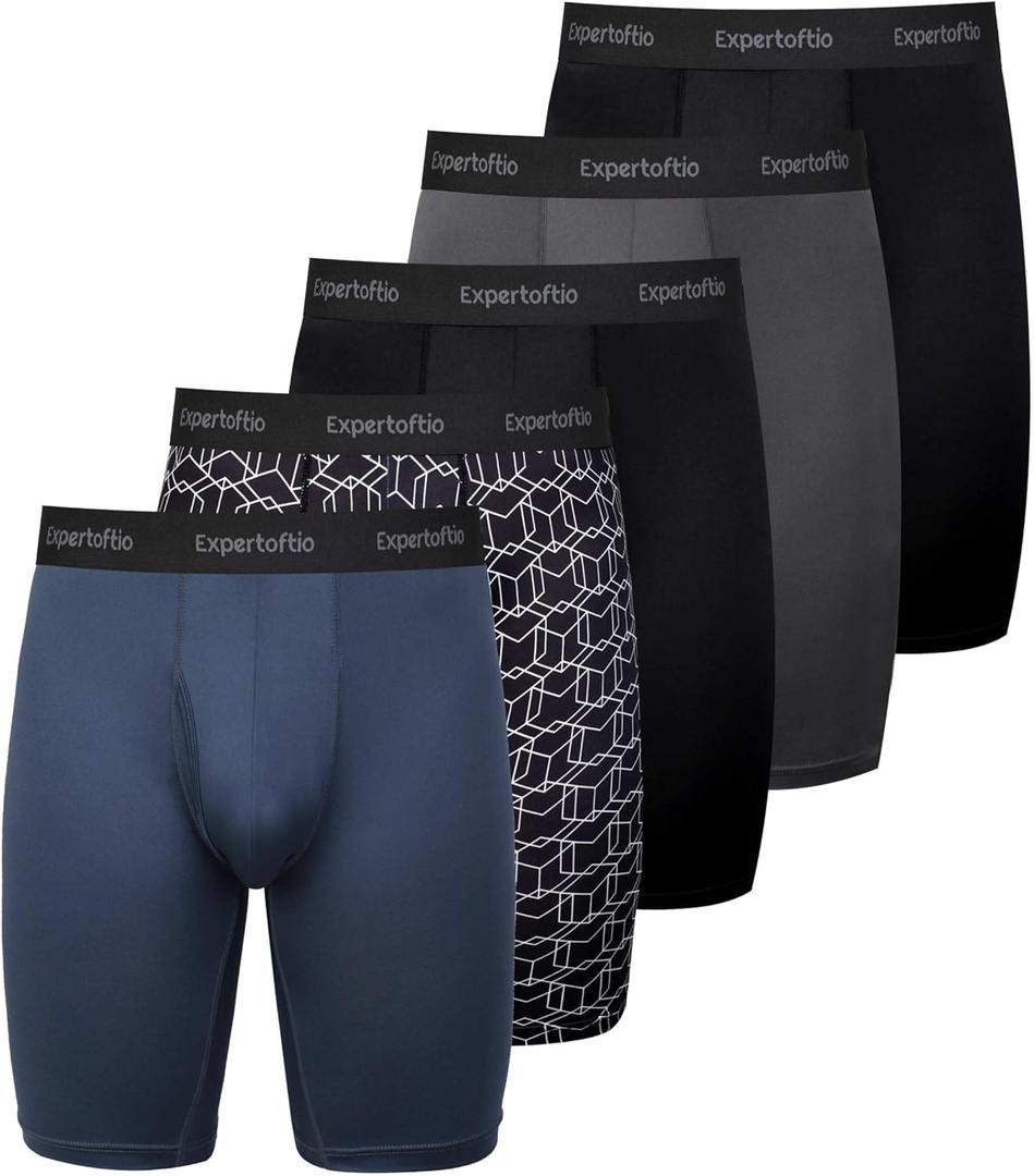Men's Underwear 9 Inch Long Leg Boxer Briefs for Men, Performance, Moisture Wicking Pack, Anting Chafing, Fly (XX-Large, 4: Blue/Black/Grey)