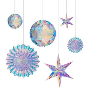 BTSD-home Iridescent Party Decorations, Hanging Honeycomb Balls, Paper Fans & 3D Star Ornaments, Holographic Ceiling Decor for Birthday, Wedding, Baby Shower, Christmas, Disco & Euphoria Theme Parties