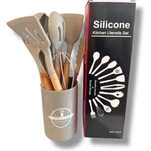 12-Piece Silicone Cooking Utensil Set with Wooden Handles, Gray Holder (Ivory)
