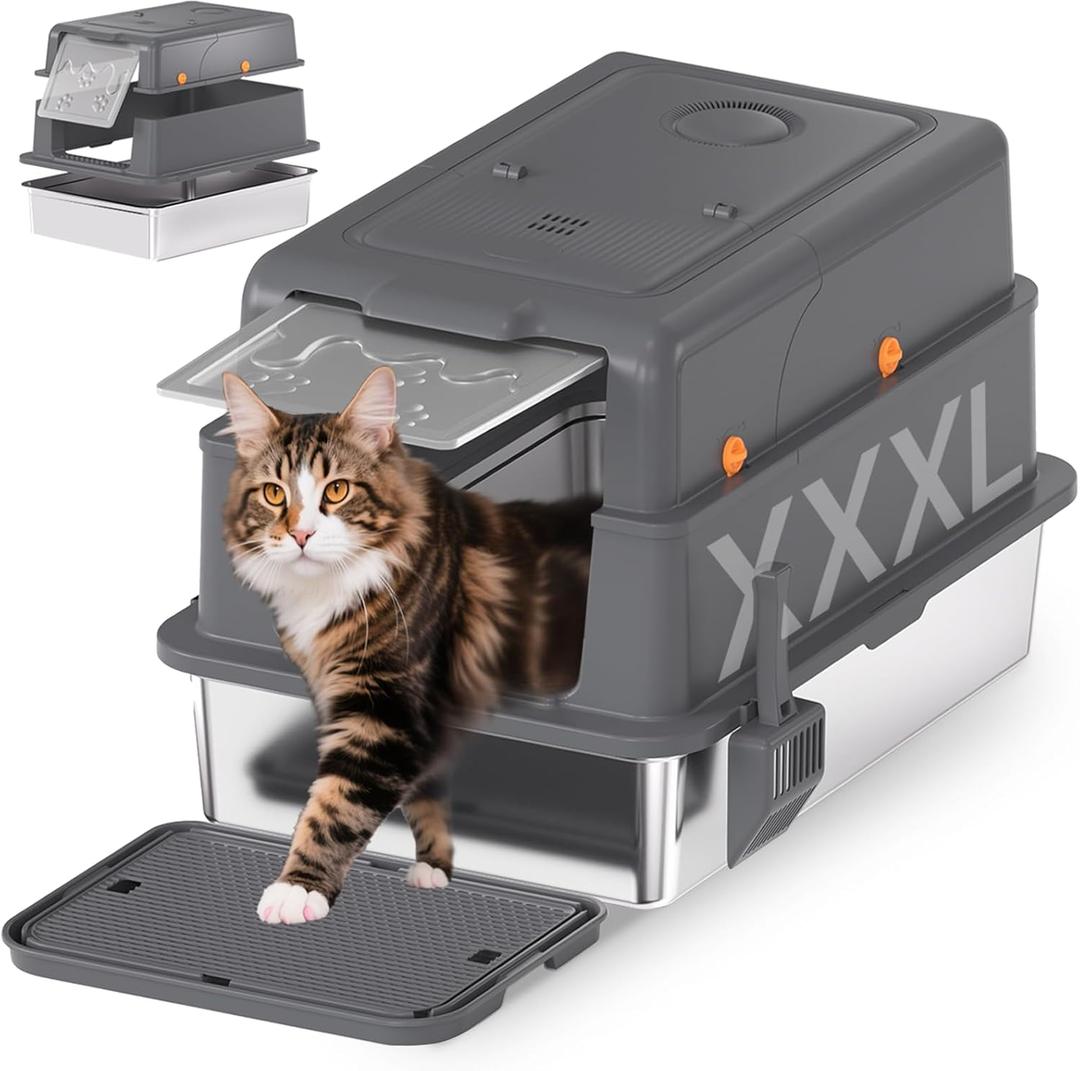 Homegroove XXXL Stainless Steel Litter Box with Lid, 28''x20''x18'' Extra Large Cat Litter Box with Litter Scoop & Pedal, Enclosed Metal Cat Litter Pan for Large & Multi-Cats, Anti-Leakage (Grey)
