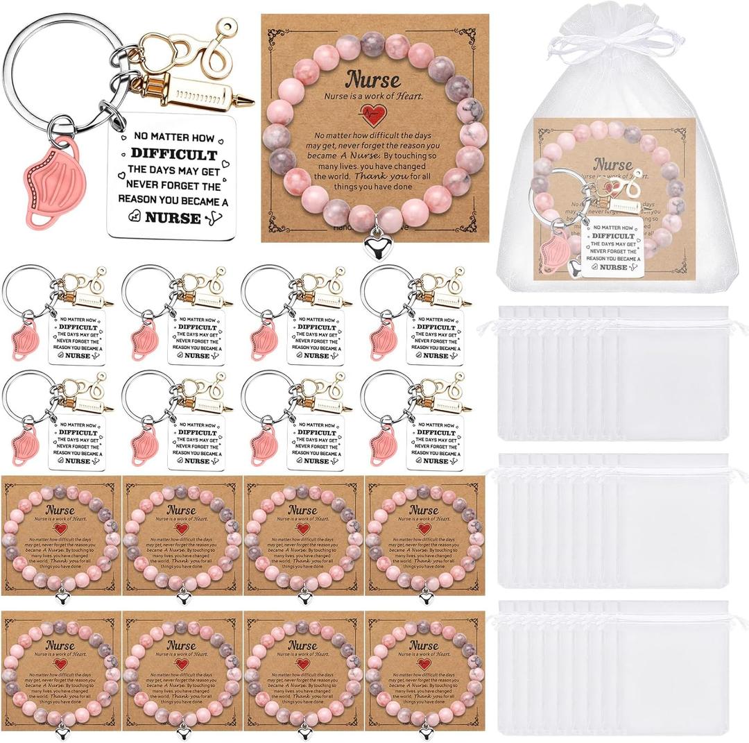 Sureio 48 Pcs Nurse Bracelet Gifts Set for Women, Nurse Graduation Keychain, Natural Stone Bracelet and Appreciation Card for Nursing Week Student Practitioner Gift for Her Women