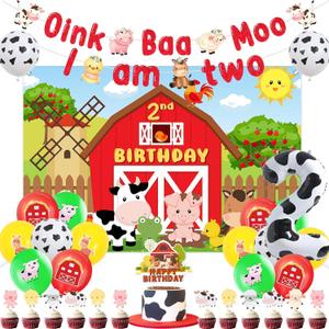 Jollyboom Farm Animal 2nd Birthday Party Decorations, Oink Baa Moo I Am Two Party Decorations Two Year Old 2 Backdrop Banner Cake Cupcake Topper Cow Pig Sheep Number 2 Foil Balloon for Boy Birthday