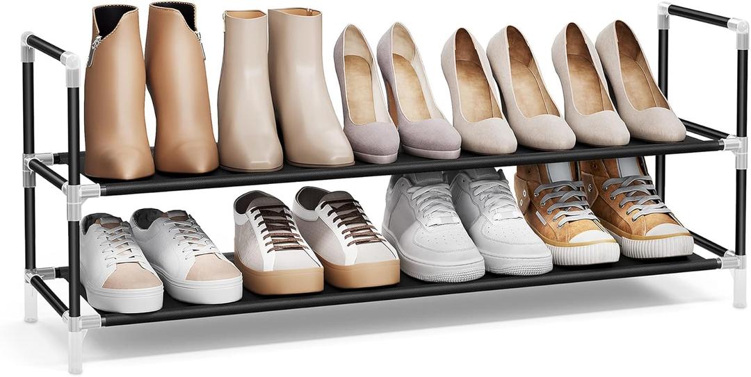 SONGMICS 2-Tier Shoe Rack, Shoe Storage for Hallway Closet, Slim and Space-Saving, Metal Frame, Non-Woven Fabric Shelves, Black ULSH052B01