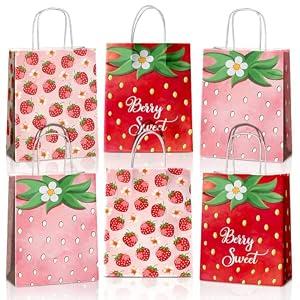 JOYGATHER 24 Pcs Strawberry Party Favor Bags With Handles - Berry Goodie Gift Bags for Kids, Kraft Paper for Birthday Party Supplies and Decorations