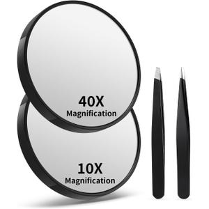 10X&40X Magnifying Mirrors with Suction Cups and 2 Tweezers Set3.5 inches Magnified Makeup Mirror, Black, 2PCS