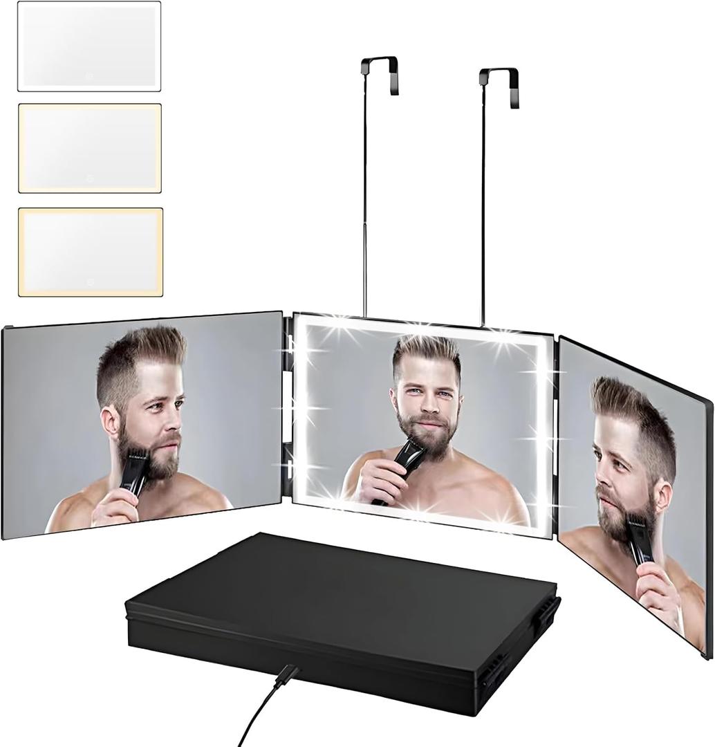 Vanexiss Rechargeable 3 Way Mirror for Hair Cutting, Real Glass Adjustable Trifold Mirror with 3 Color Temps LED Light & Telescoping Hooks for Makeup, Shaving & Styling (Black)