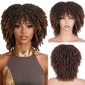 Braided Wigs for Black Women and Men Dreadlock Wig Short Afro Wig Layered Glueless Passion Twist Hair Faux Locs Crochet Hair Curly Synthetic Wig with Bangs (#1B/30 Ombre Brown, 12 Inch)