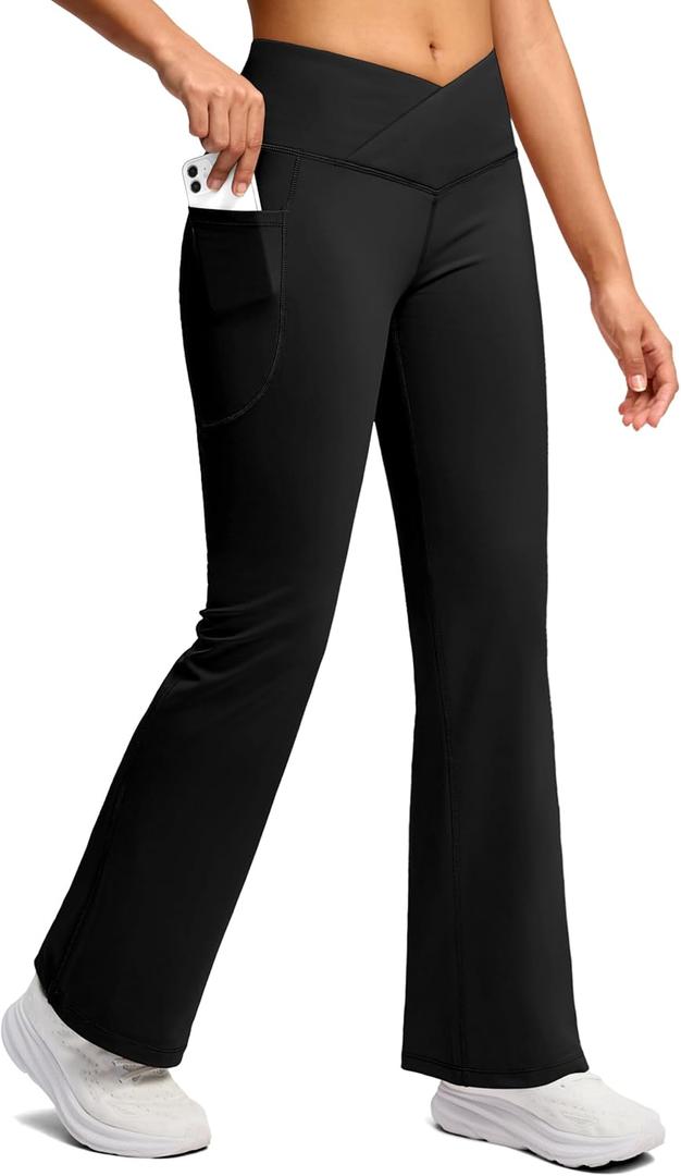 SANTINY Women's Fleece Lined Pants with Pockets Crossover Yoga Pants 28.5"/30.5"/32" Thermal Warm Flare Leggings for Women (Medium, Black)