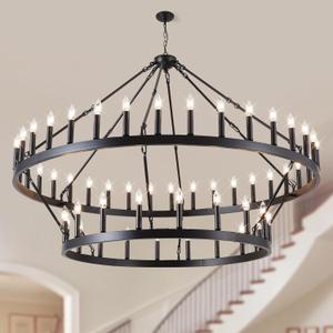 60-Inch Black Extra Large Wagon Wheel Chandelier, 2 Tier 54-Light Farmhouse Chandeliers Industrial Round High Ceiling Pendant Light for Dining Room, Living Room, Entryway, E12