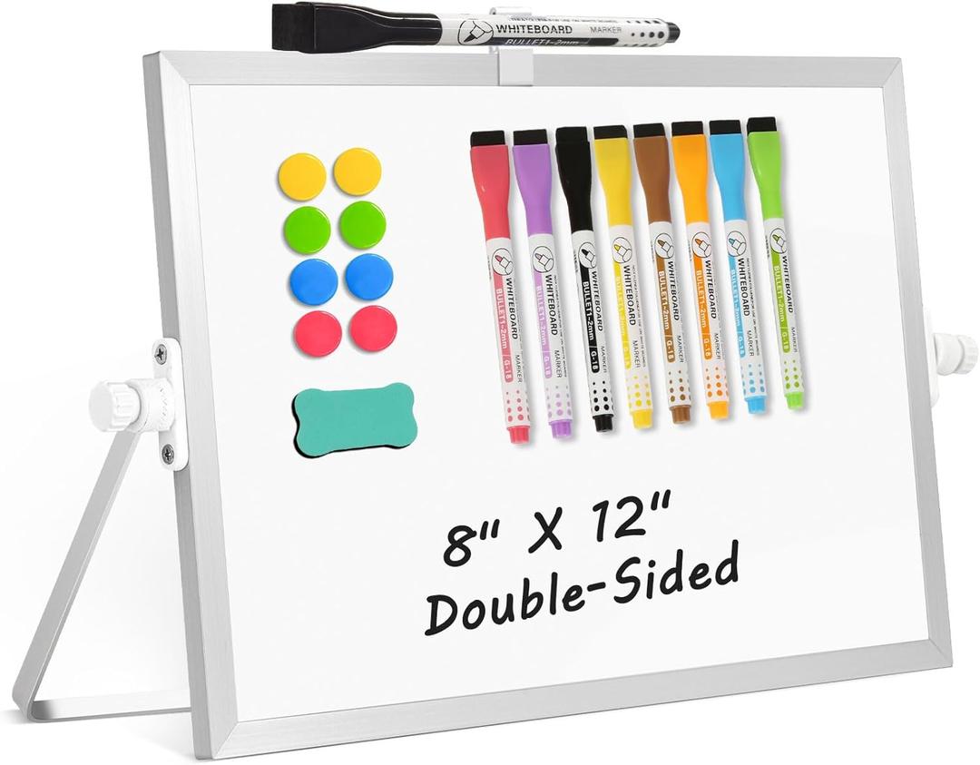 Dry Erase Magnetic White Board, 8" x 12" Double-Sided Desktop Whiteboard with Stand, Portable Small Whiteboard Set for Drawing, Office, Home