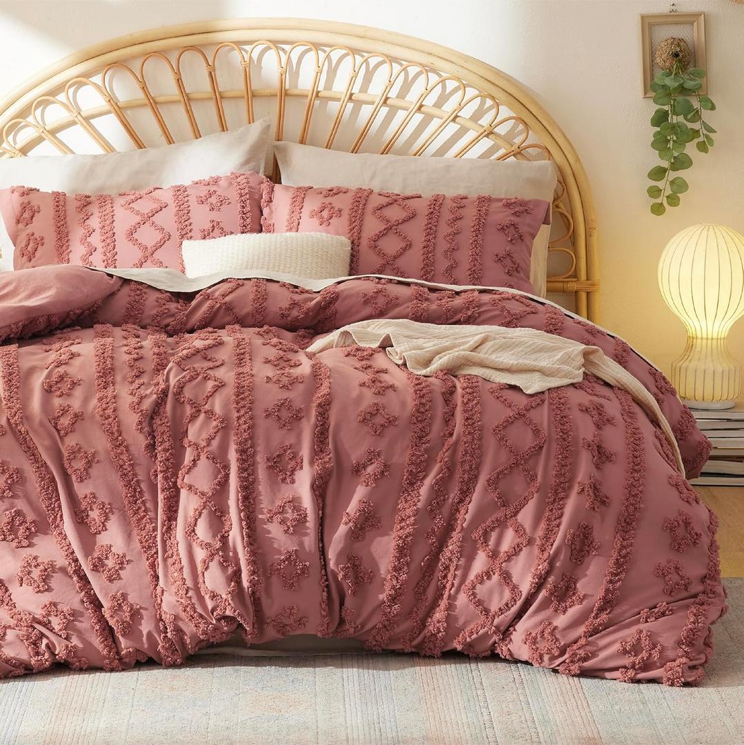 Bedsure Boho Duvet Cover Queen Size - Tufted Duvet Cover Queen Set for All Seasons, 3 Pieces Soft Shabby Chic Embroidery Boho Bedding, Comforter Not Included (Light Pink, 90" x 90")