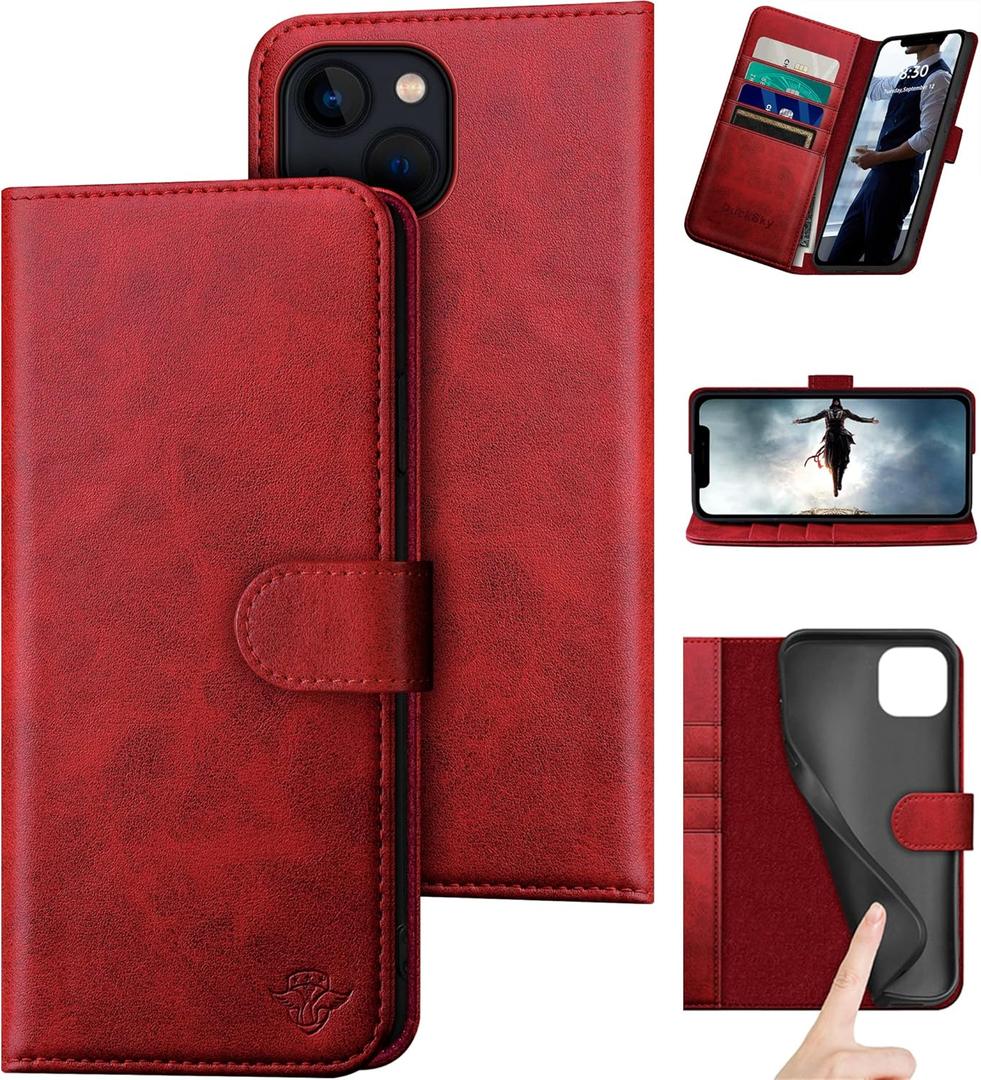 DuckSky for iPhone 14 6.1" Genuine Leather Wallet case RFID Blocking4 Credit Card HolderReal Leather Flip Folio Book Phone case Protective Cover Women Men for Apple 14 5G case Red
