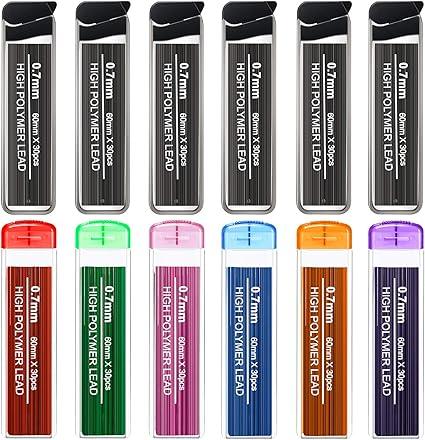 HESTYA 360 Pcs Colored Pencil Lead Refills 0.7 mm HB Black Mechanical Pencil Refills, 6 Assorted Colors and 6 Black with Convenient Dispensers for Office Supplies