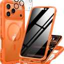 Seacosmo for iPhone 17 Pro Case, Full Body Bumper with Built-in Tempered Glass Privacy Screen and Camera Lens Protector, Compatible with MagSafe, Shockproof 17 Pro Phone Case, 6.3", Orange
