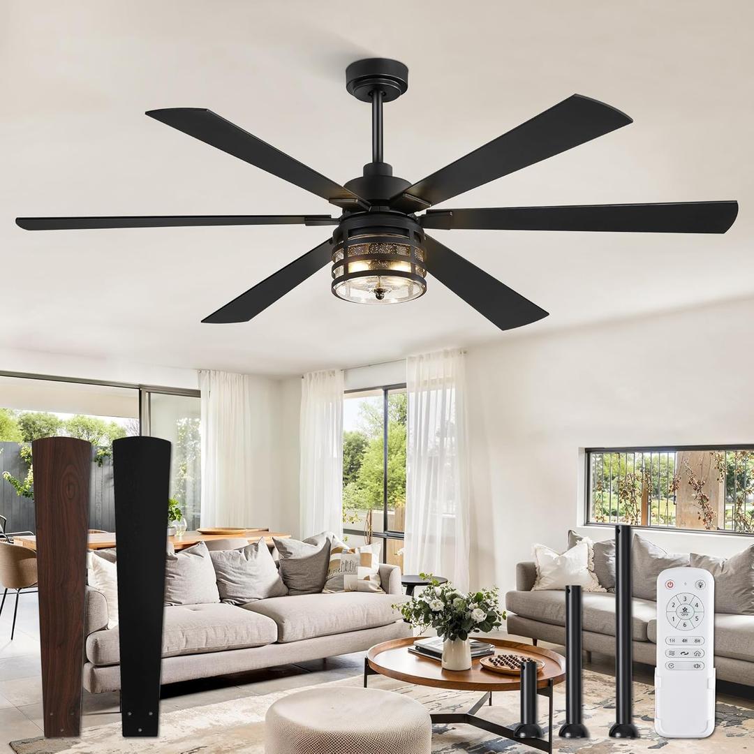 Fanbulous 65" Farmhouse Ceiling Fans with Lights and Remote,Industrial Large Ceiling Fan with 6-Speed Reversible DC Motor and 6 Dual Finish Blades,Black Ceiling Fan with Light for Living bedroom Patio