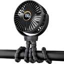 Portable Stroller Mini Fan, Small Rechargeable Personal Fan, Baby Travel Essentials for Wagon, Car Seat, Treadmill, Battery Powered Biking Gear Accessories, 360 Rotation, 3-Speed, Display, Black