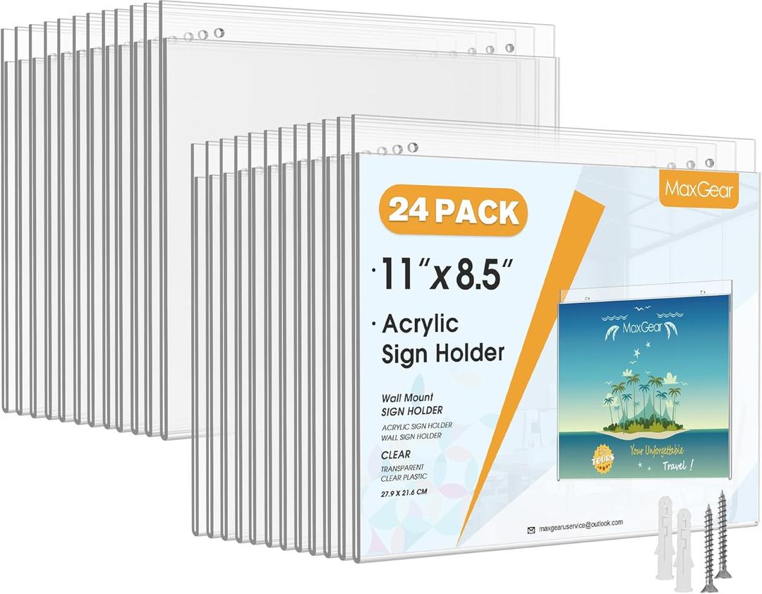 MaxGear Wall Mount Sign Holder 8.5 x 11 Inch, Clear Plastic Picture Frames with Mounting Screws, Door Sign Holders and Document Display Frame for Home, Office, Store, Landscape, 24 Pack