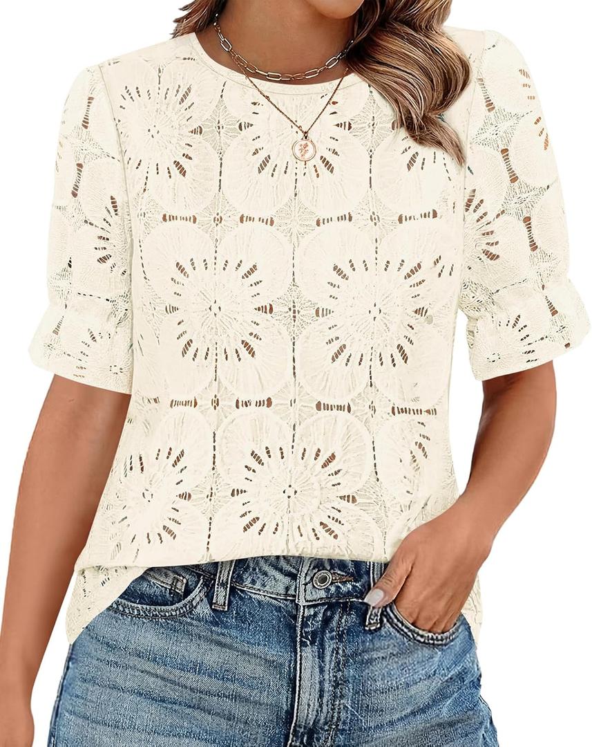 KIRUNDO Lace Tops for Women Blouses Dressy Casual Boho Eyelet Puff Short Sleeve Shirts Spring Summer Clothes Vacation Outfits (Yellow, S)