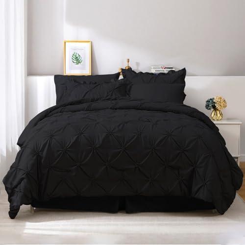 JOLLYVOGUE Queen Comforter Set 7 Pieces, Black Bed in a Bag Comforter Set for Bedroom, Bedding Comforter Sets with Comforter, Sheets,Ruffled Shams & Pillowcases, Black