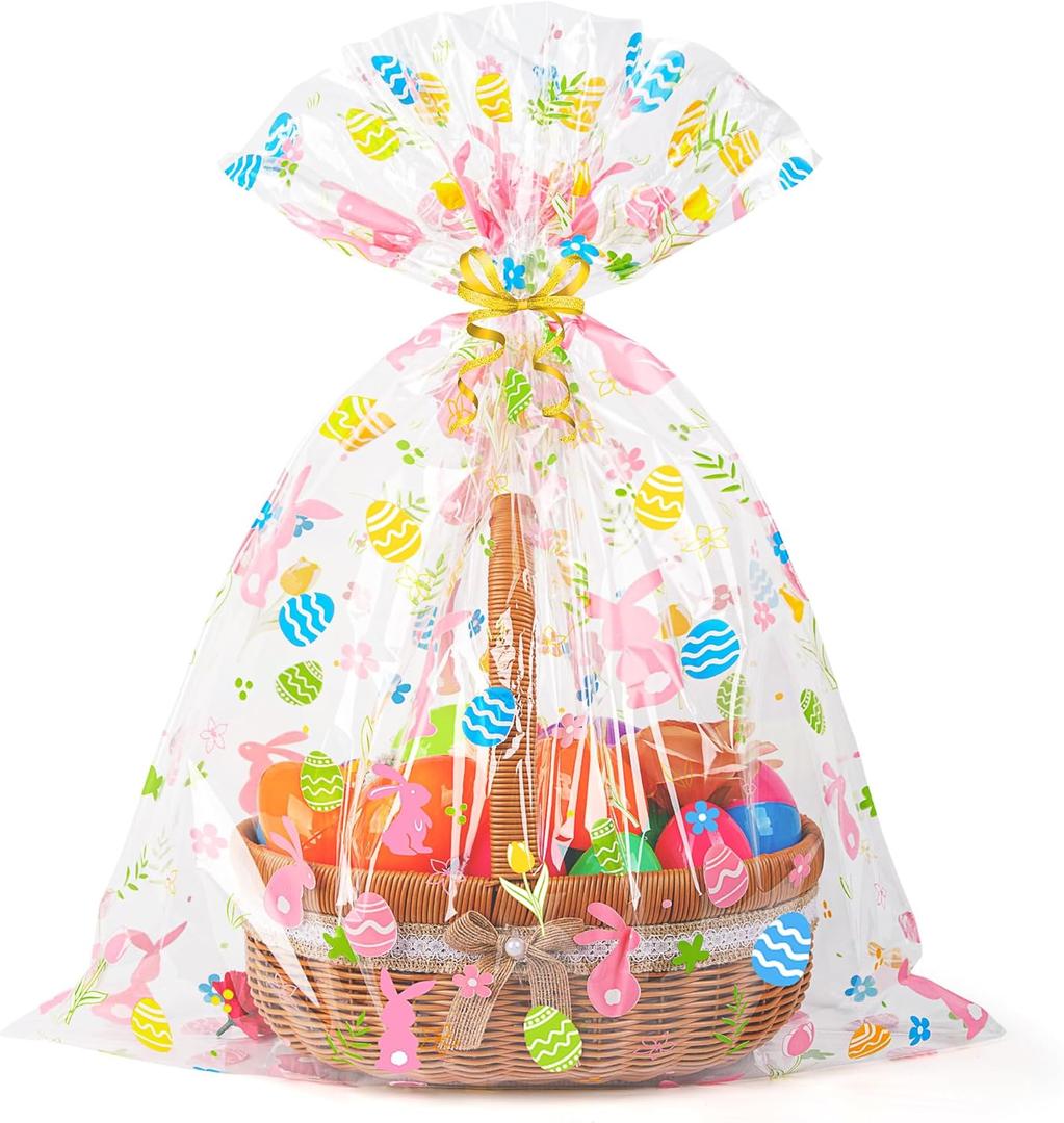 CUDICY Easter Bags 10pcs Large Cellophane Bags 24x30 Inch Cellophane Wrap for Gift Baskets Clear Plastic Wrapping(Spring)