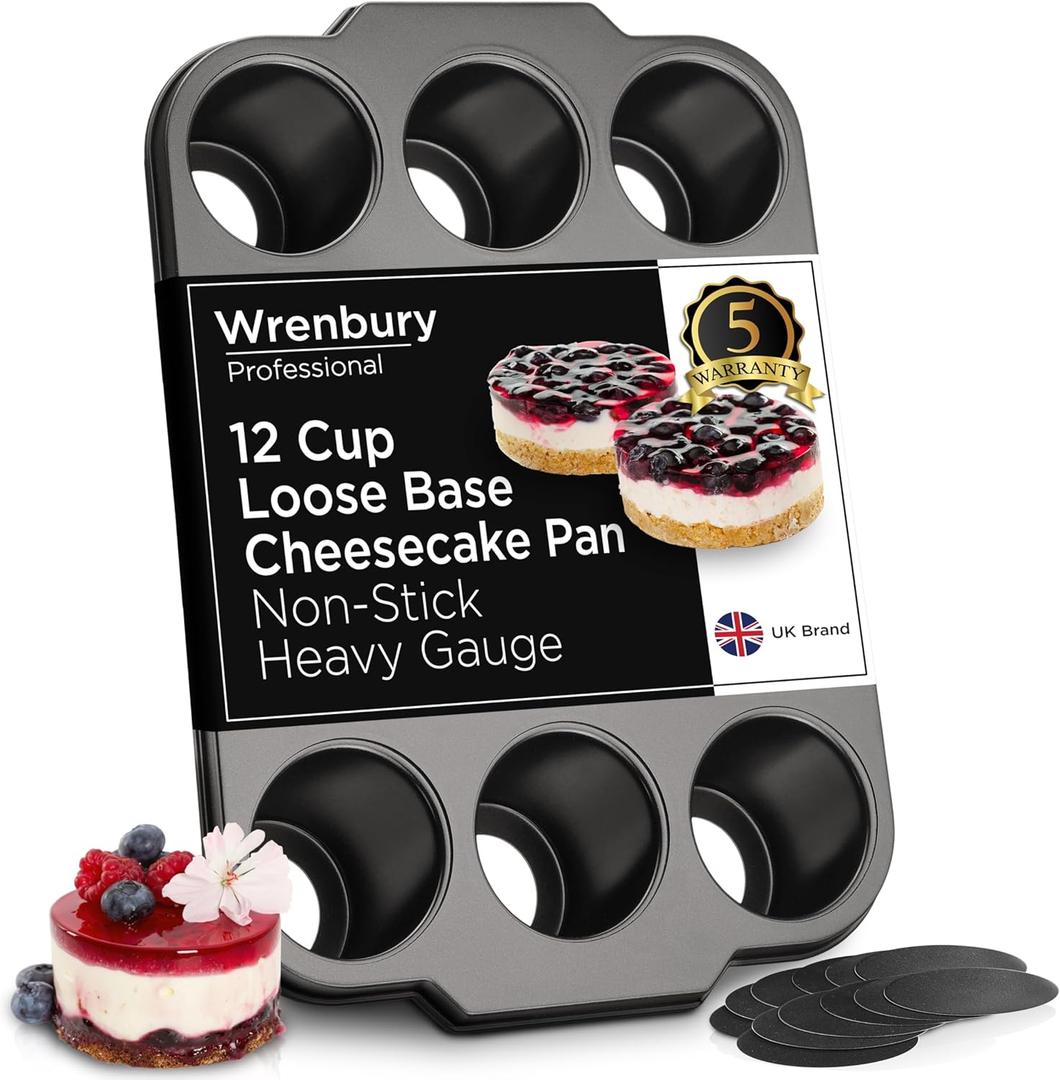 Wrenbury Pro Mini Cheesecake Pans Removable Bottom 12 Hole - Heavy Gauge Carbon Steel Non Stick Pan Loose Bottom Springform - 3 Inch Small Individual Cheesecakes Tin - PFOA Free