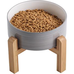 Elevated/Raised Dog Bowl Ceramic with Wood Stand for Medium Large Breed,Dog Food Water Dish Heavy Weighted,8 in Non Slip Modern Cute Porcelain Pet Bowl Extra Large Grey White