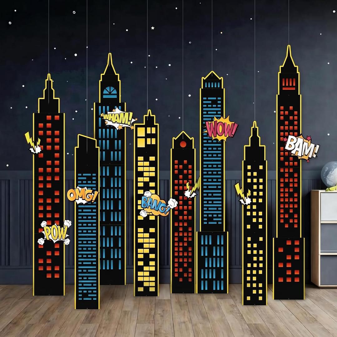 Cheerland Superhero Party Decorations Super Hero Photo Booth Backdrop Birthday Party Decoration Hero Background Buildings Cartoon Action Sign Comic Book Themed Wall Hanging Room Decor Class Supplies, 7.2' x 4.8'