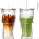 KEMORELA Iced Coffee Cups with Lids 20oz Ribbed Double Wall Glass Cups with Lids and Straws 2PCS, Coffee Bar Accessories Insulated Borosilicate Glass Tumblers, To Go Coffee Cups, Spill proof tumbler