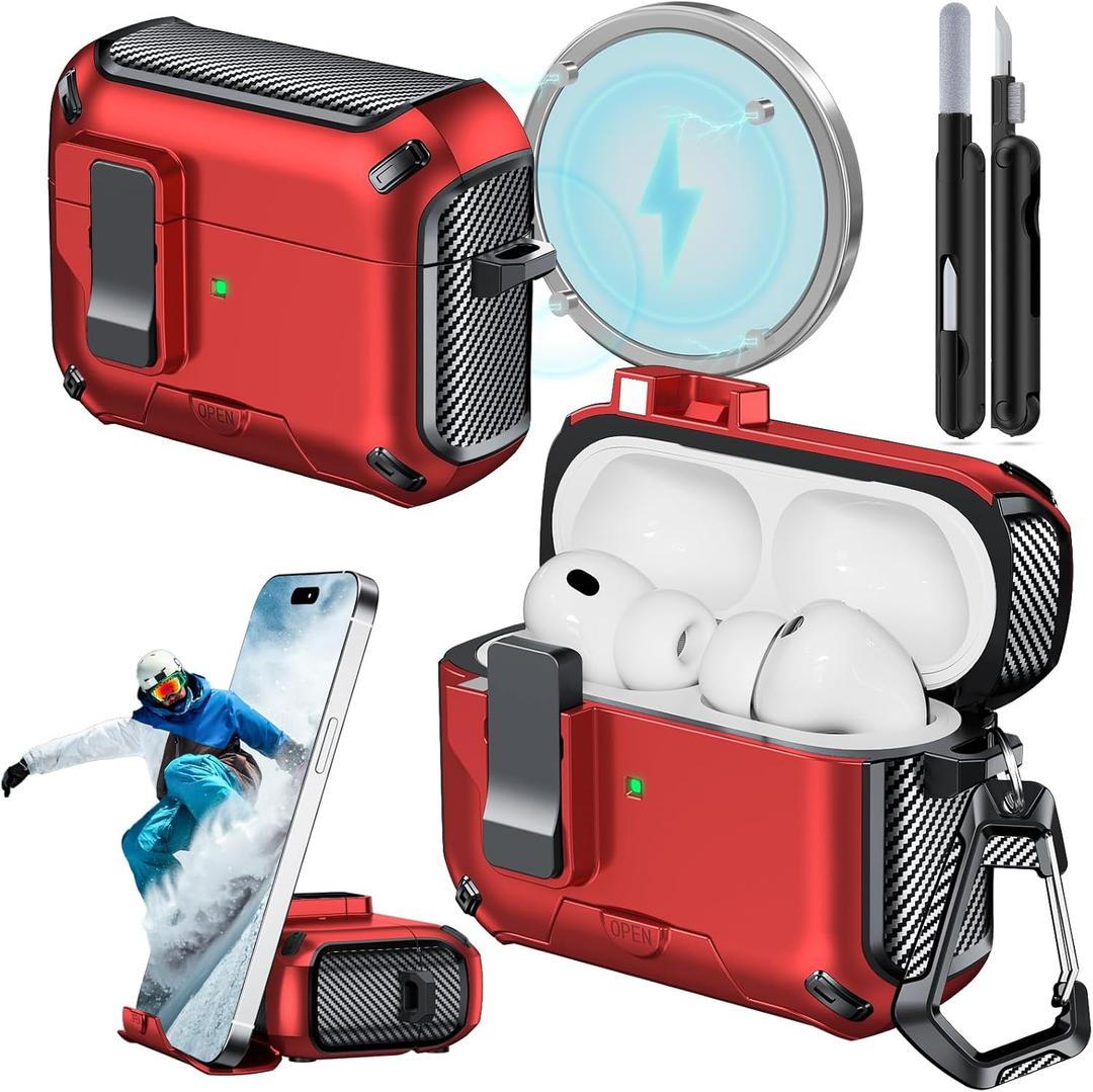 for AirPods Pro 3 Case (2025) with Phone Stand,with Automatic Snap Switch Carbon Fiber Design Protection Cover for Airpods Pro 3 Gen with Cleaning Pen,Red