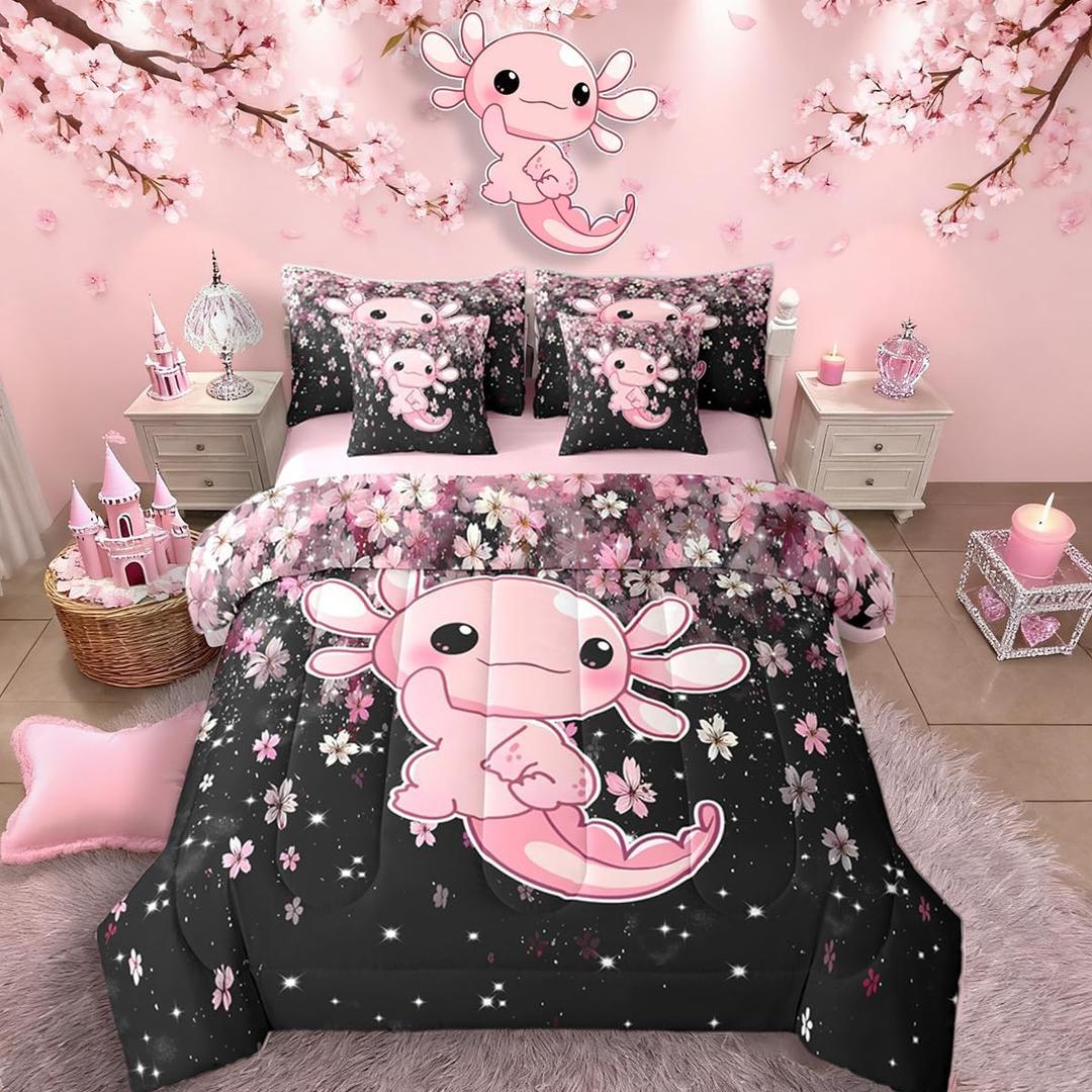 Cute Axolotl Twin Size Comforter Set with Sheets for Girl Cartoon Pink Axolotl 7-Piece Bedding Set for Kids Teens Kawaii Salamander Sea Ocean Animal Bed in a Bag Romantic Cherry Blossom Bed Quilt Sets, Pink Black, Twin