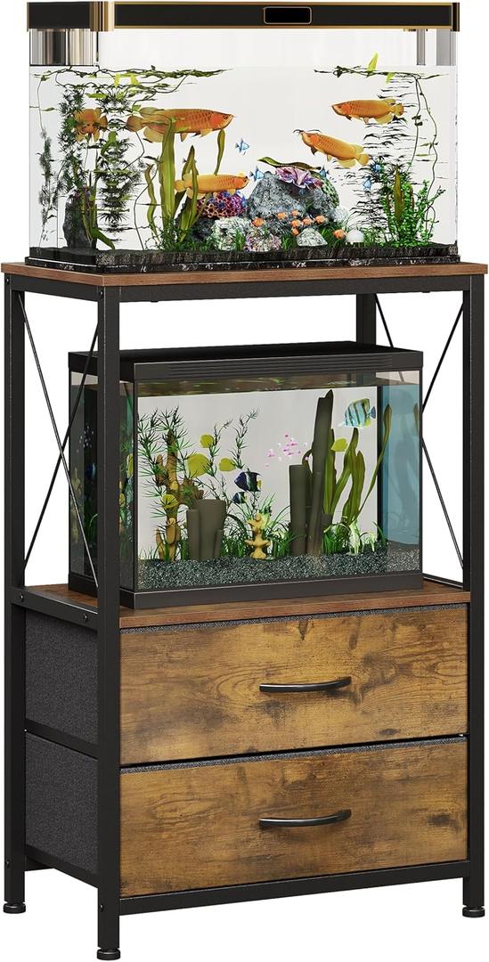 Welfuturer 10 Gallon Aquarium Stand with 2-Tier Shelf Fish Tanks Stand with 2 Drawers Metal Frame Heavy Duty Reptile TurtleTank Stand with Storage for Home Office Fish Tank Accessories Storage, Brown