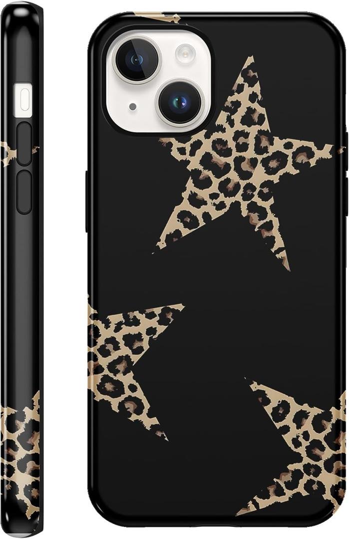 Cute Y2K Star Phone Case for iPhone 13 / iPhone 14 Cheetah Print Black Case 6.1", Aesthetic Cool Leopard Pattern 2-in-1 Glossy Cover Shockproof Slim TPU Hard PC Protection Girls Women Funda