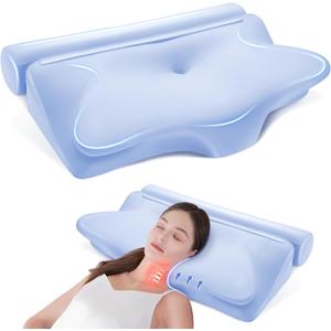 2-in-1 Cervical Neck Pillow for Neck Pain Relief, Memory Foam Pillows, Contour Pillow with Cooling Pillowcase for Side Sleepers, Removable Round Pillow for Back Lumbar Support Neck Traction (Light Blue)