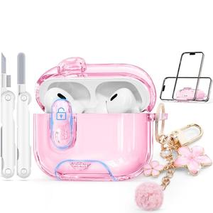 Clear Case for Airpods Pro 2 Case Cover with Safety Lock,Soft TPU Cover with Phone Stand & Cleaning Kit,Cute Bling Keychain for Women Girls-Clear Pink